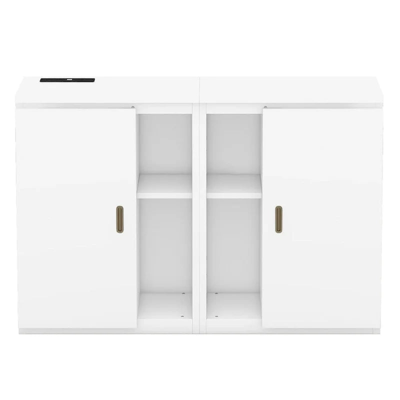 White Queen Size Murphy Bed with Shelves, Cabinets, USB Ports