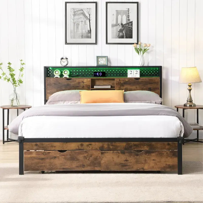 Lit plateforme en métal noir et marron King Size avec tête de lit en bois, tiroirs et LED