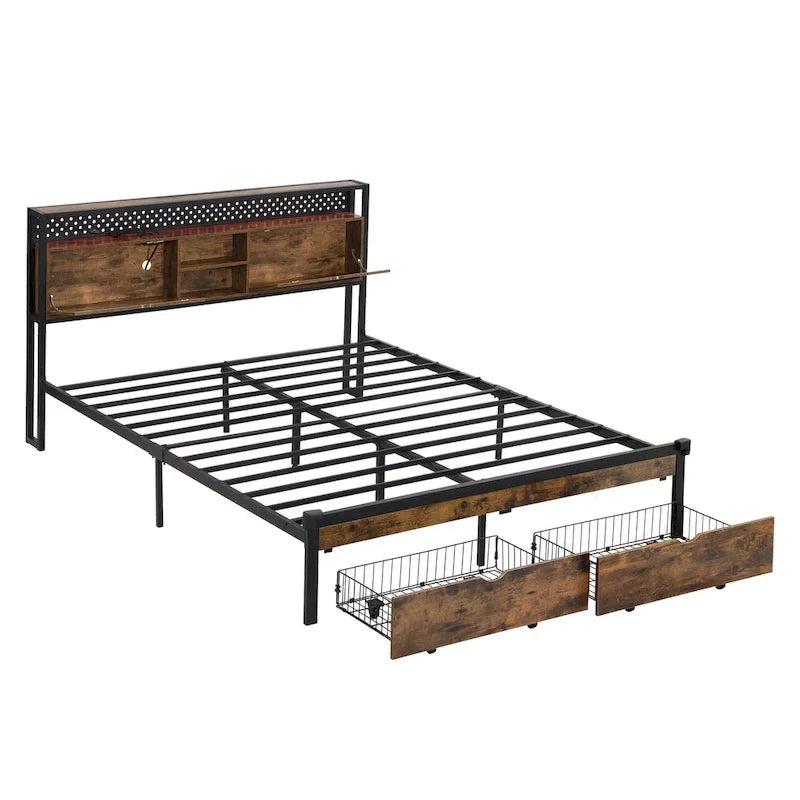 Lit plateforme en métal noir et marron King Size avec tête de lit en bois, tiroirs et LED