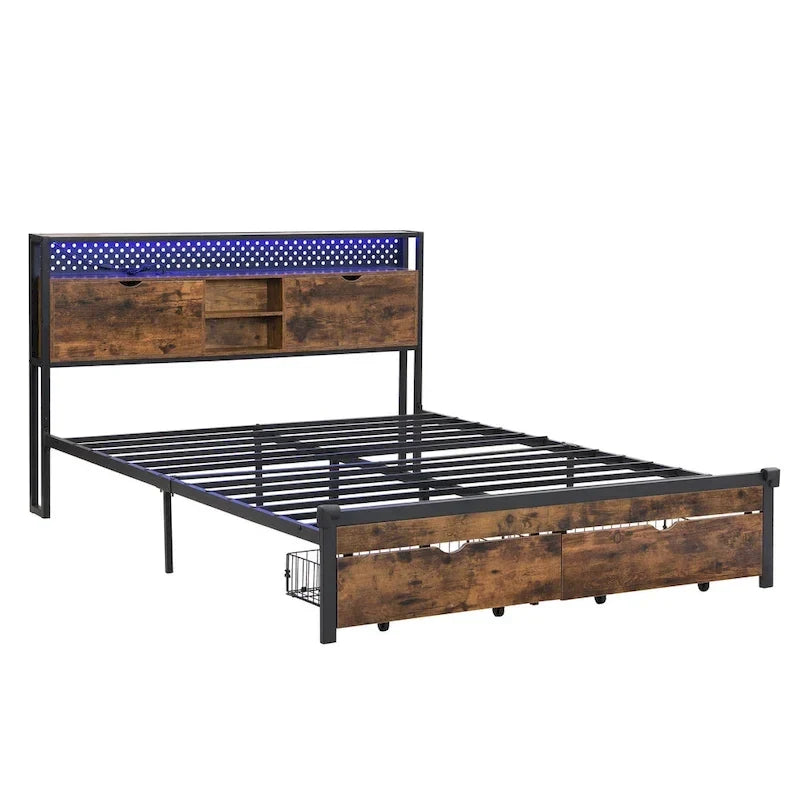 Lit plateforme en métal noir et marron King Size avec tête de lit en bois, tiroirs et LED