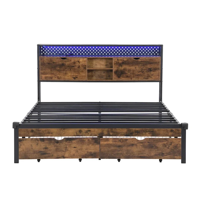 Lit plateforme en métal noir et marron King Size avec tête de lit en bois, tiroirs et LED