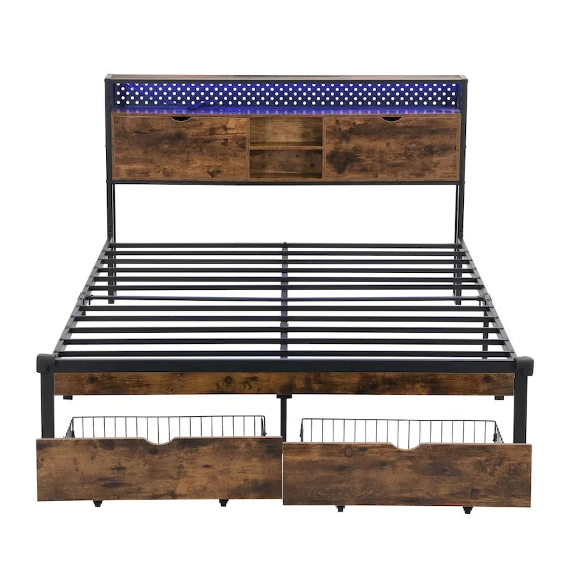 Lit plateforme en métal noir et marron King Size avec tête de lit en bois, tiroirs et LED