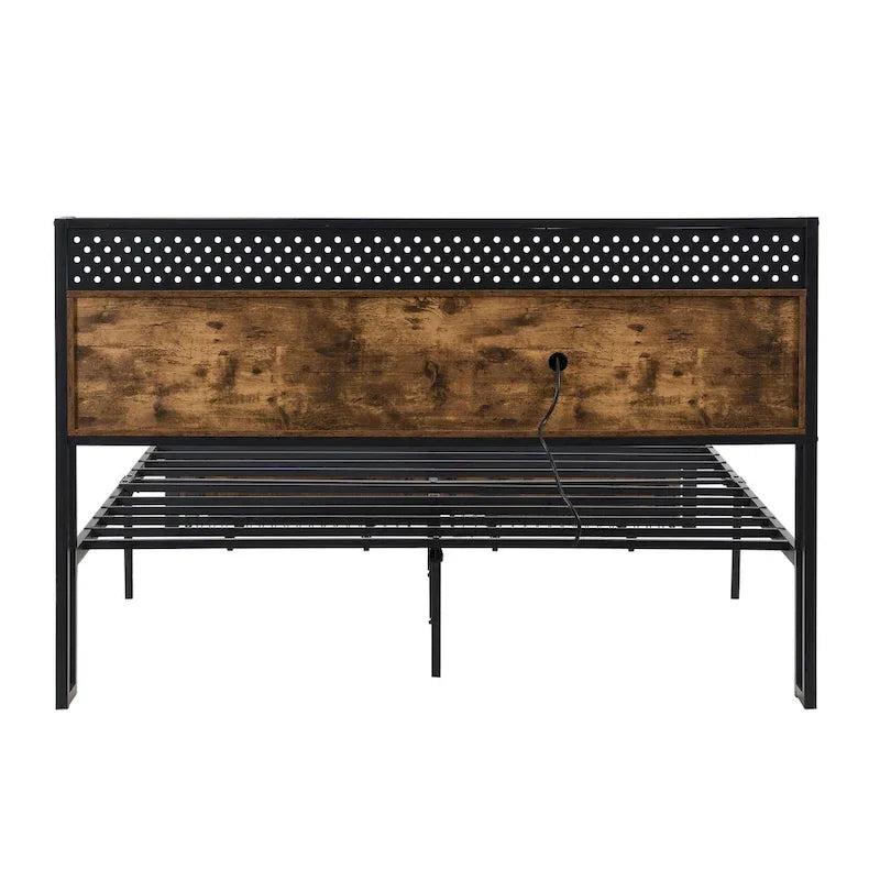 Lit plateforme en métal noir et marron King Size avec tête de lit en bois, tiroirs et LED