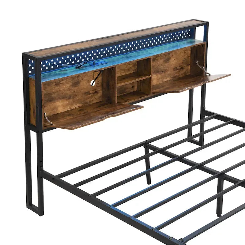 Lit plateforme en métal noir et marron King Size avec tête de lit en bois, tiroirs et LED