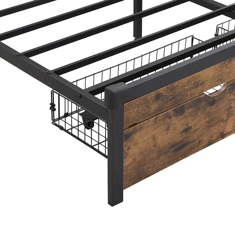Lit plateforme en métal noir et marron King Size avec tête de lit en bois, tiroirs et LED