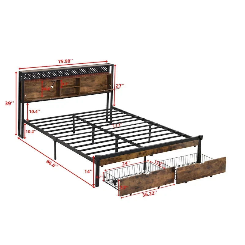 Lit plateforme en métal noir et marron King Size avec tête de lit en bois, tiroirs et LED