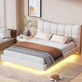 Lit plateforme capitonné Queen Size beige avec lumières LED et tête de lit en forme de U