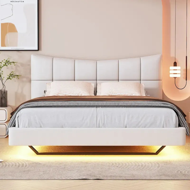 Lit plateforme capitonné Queen Size beige avec lumières LED et tête de lit en forme de U