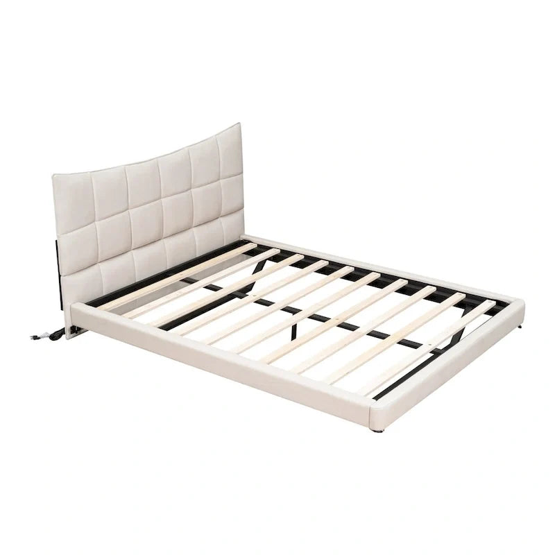 Lit plateforme capitonné Queen Size beige avec lumières LED et tête de lit en forme de U