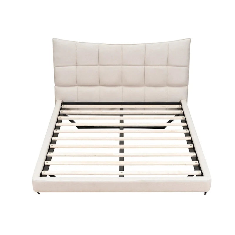 Lit plateforme capitonné Queen Size beige avec lumières LED et tête de lit en forme de U