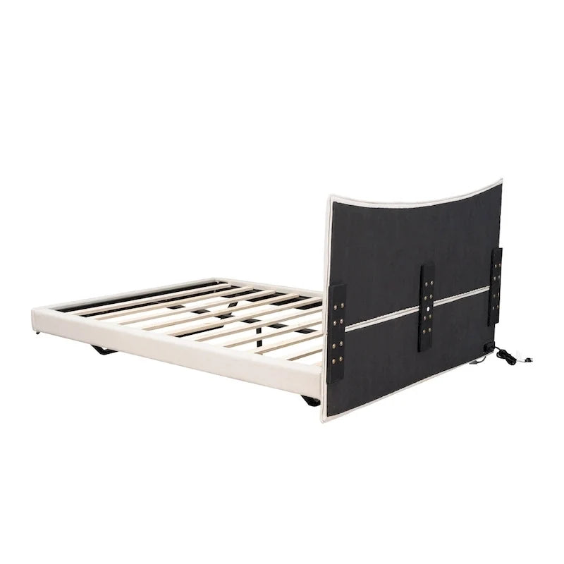 Lit plateforme capitonné Queen Size beige avec lumières LED et tête de lit en forme de U