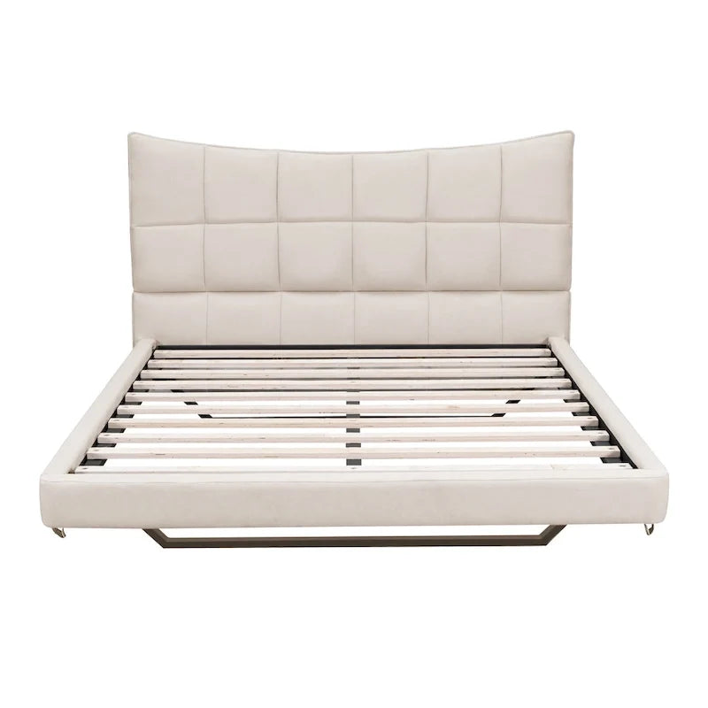 Lit plateforme capitonné Queen Size beige avec lumières LED et tête de lit en forme de U