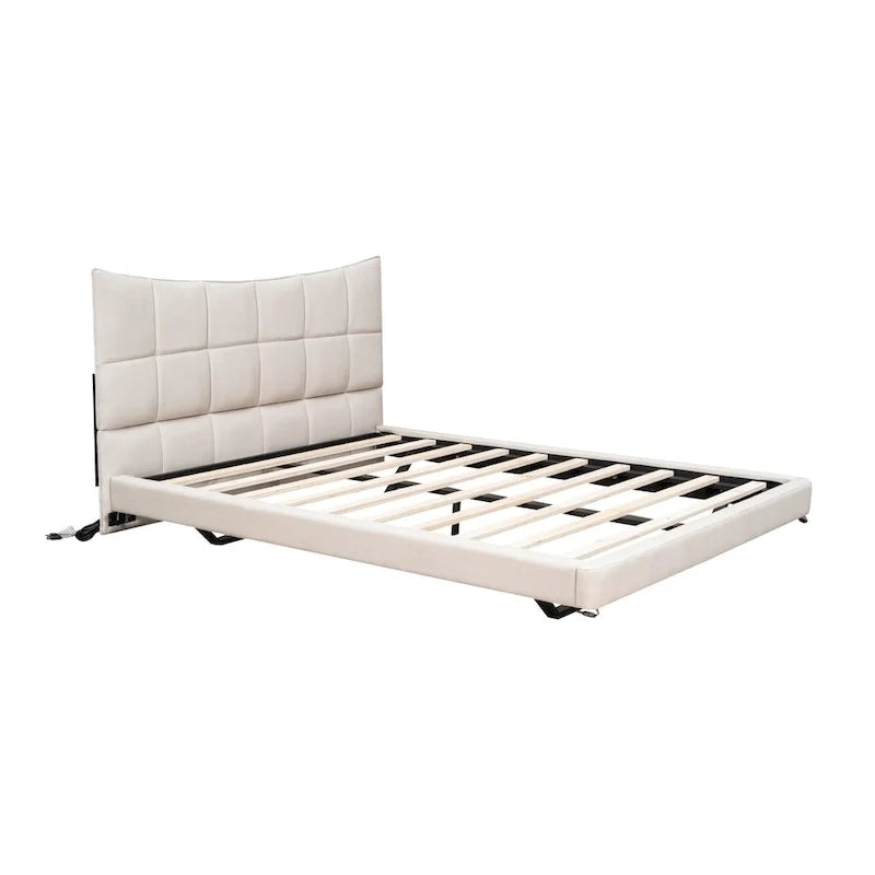 Lit plateforme capitonné Queen Size beige avec lumières LED et tête de lit en forme de U