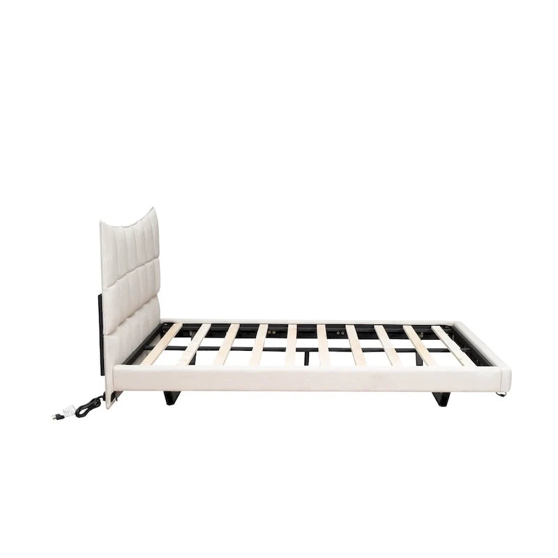 Lit plateforme capitonné Queen Size beige avec lumières LED et tête de lit en forme de U
