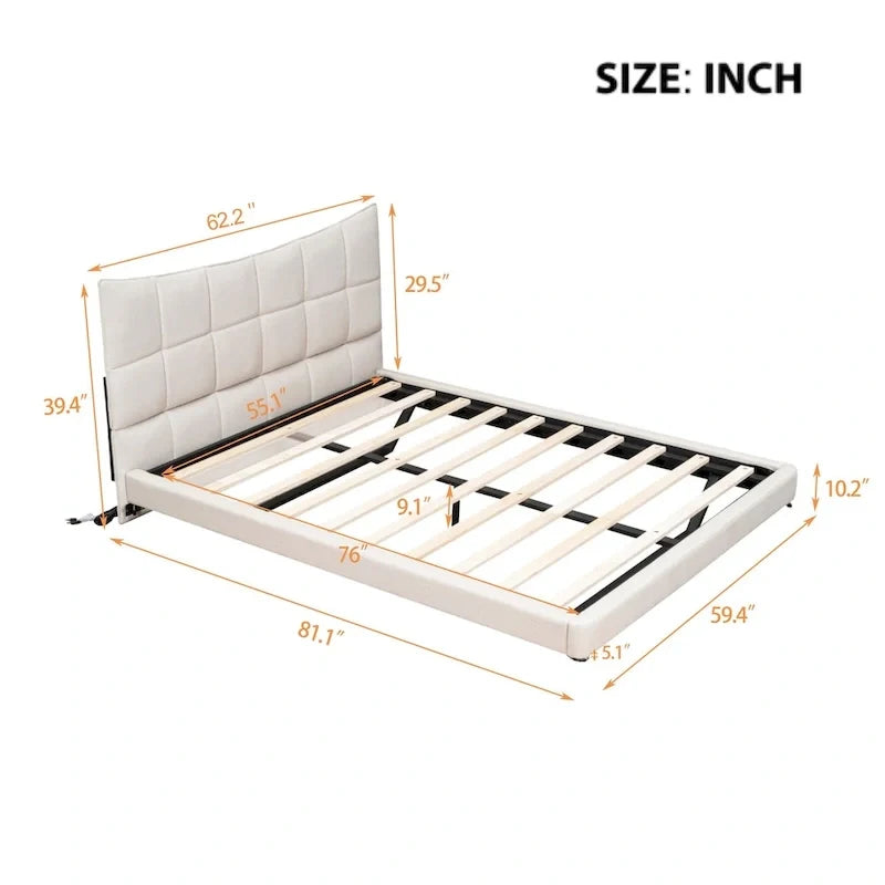 Lit plateforme capitonné Queen Size beige avec lumières LED et tête de lit en forme de U
