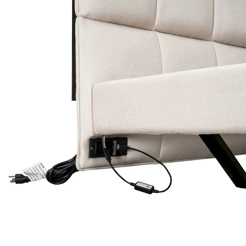 Lit plateforme capitonné Queen Size beige avec lumières LED et tête de lit en forme de U