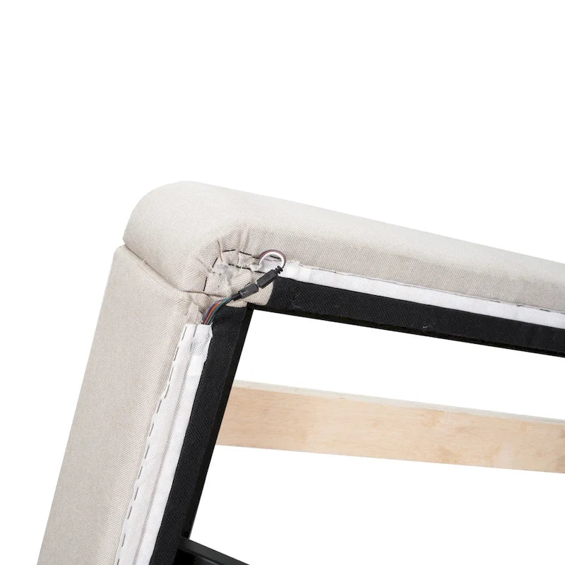 Lit plateforme capitonné Queen Size beige avec lumières LED et tête de lit en forme de U