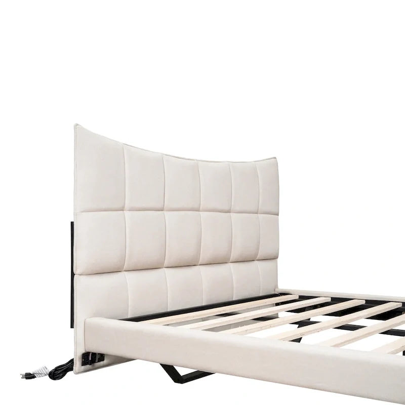 Lit plateforme capitonné Queen Size beige avec lumières LED et tête de lit en forme de U