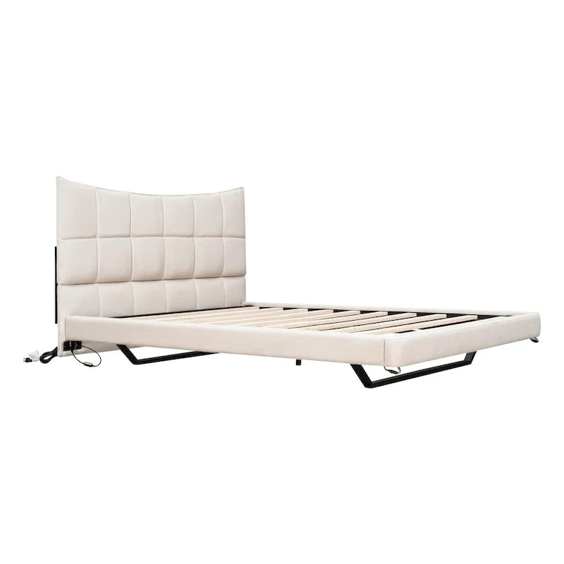 Lit plateforme capitonné Queen Size beige avec lumières LED et tête de lit en forme de U