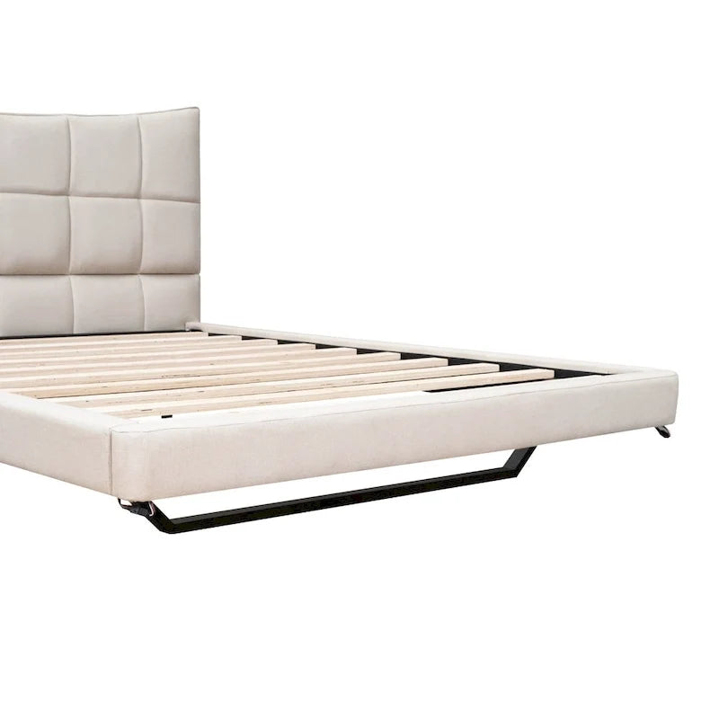 Lit plateforme capitonné Queen Size beige avec lumières LED et tête de lit en forme de U