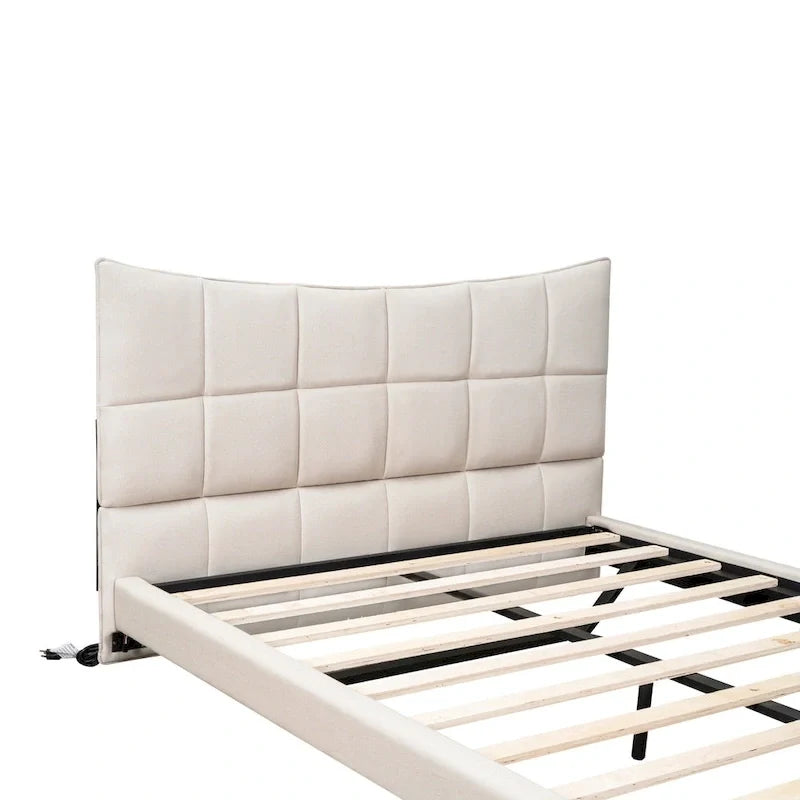 Lit plateforme capitonné Queen Size beige avec lumières LED et tête de lit en forme de U