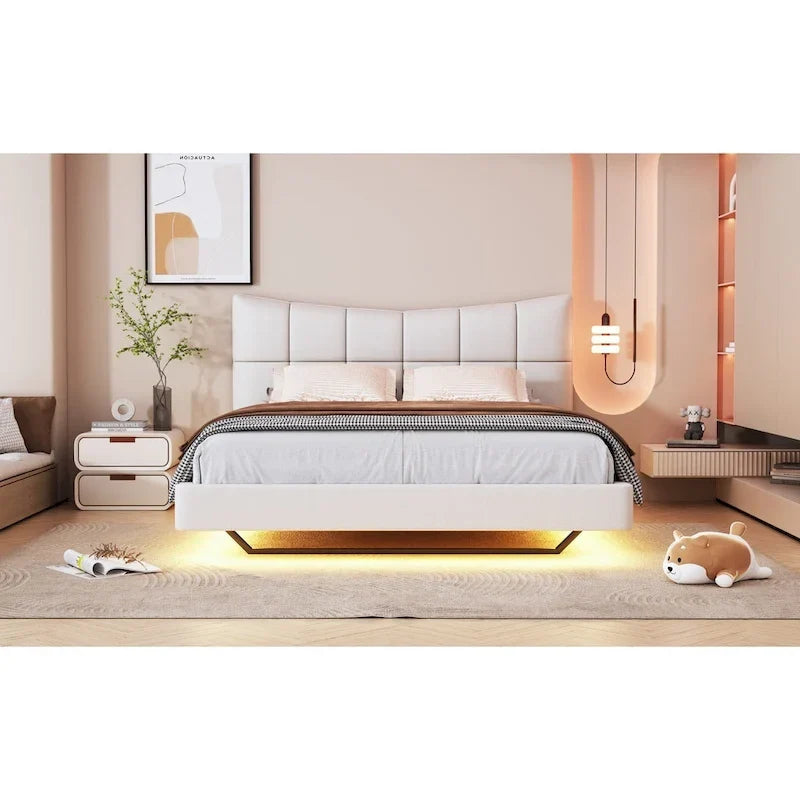 Lit plateforme capitonné Queen Size beige avec lumières LED et tête de lit en forme de U