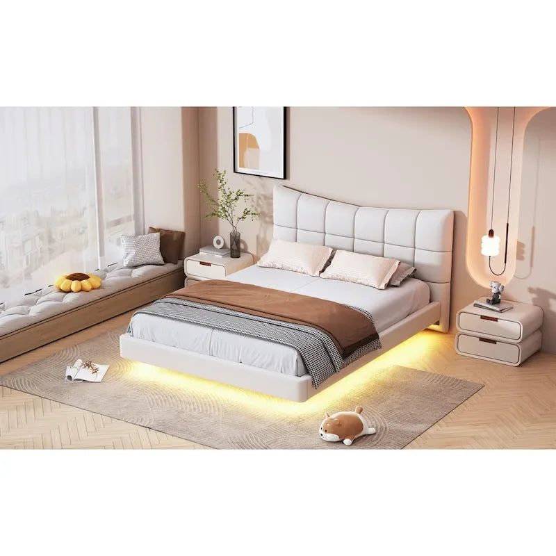 Lit plateforme capitonné Queen Size beige avec lumières LED et tête de lit en forme de U