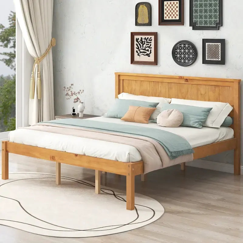 Letto a piattaforma matrimoniale queen size in legno di pino color espresso con testiera e supporto a doghe in legno per camera da letto