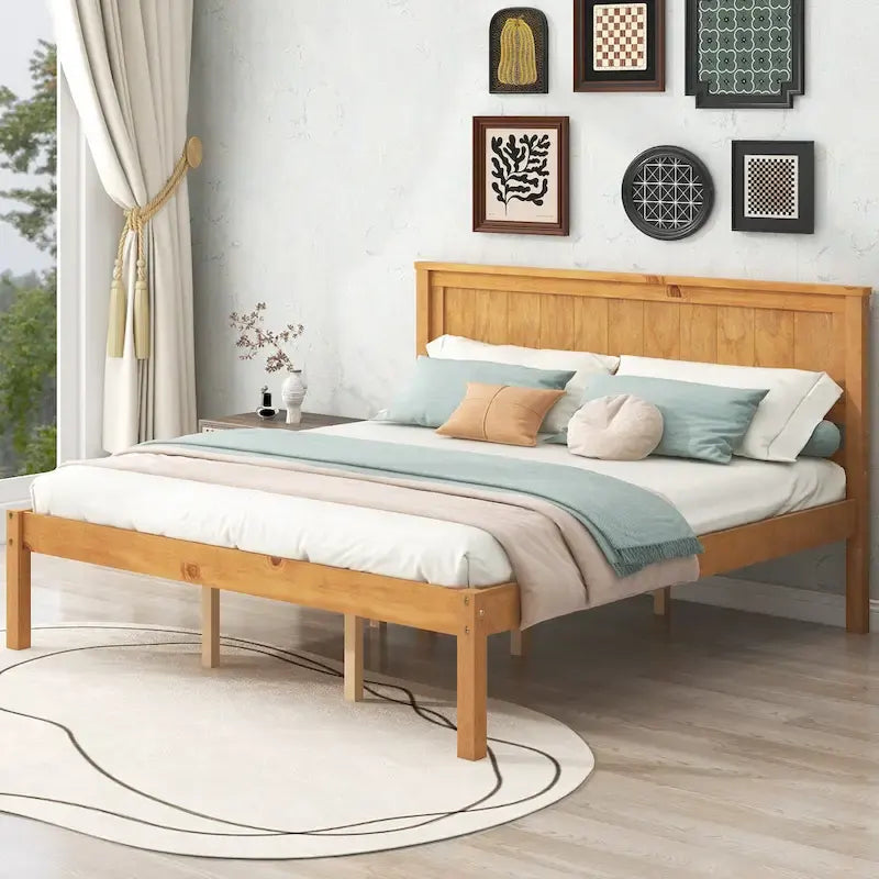 Letto a piattaforma matrimoniale queen size in legno di pino color espresso con testiera e supporto a doghe in legno per camera da letto
