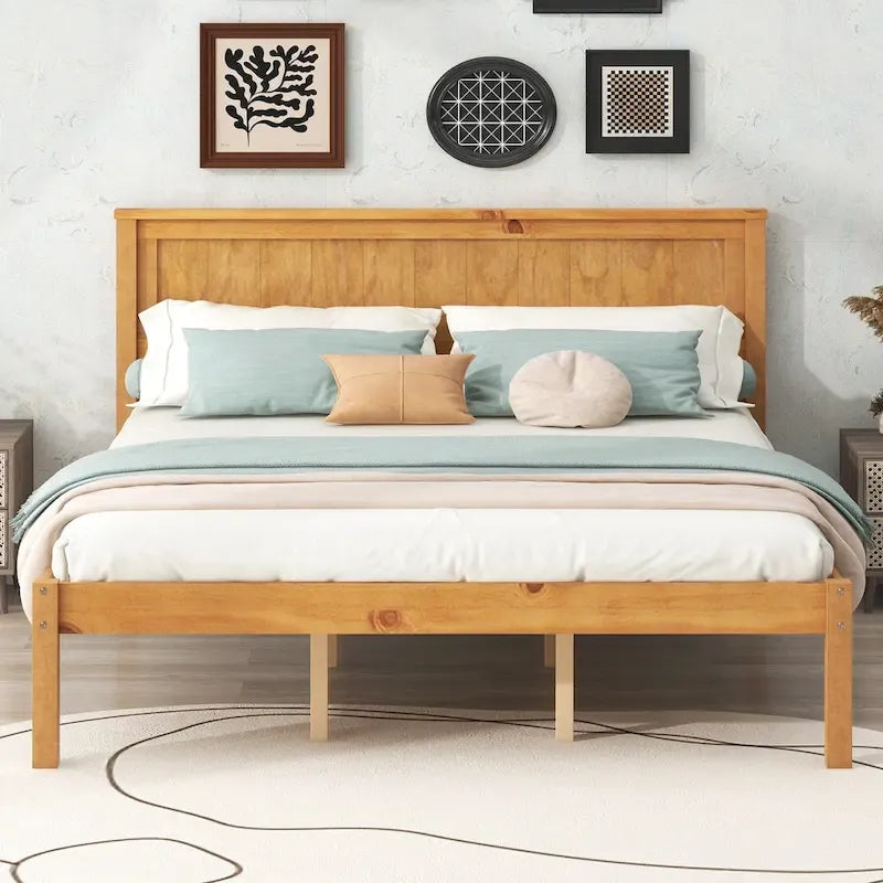 Letto a piattaforma matrimoniale queen size in legno di pino color espresso con testiera e supporto a doghe in legno per camera da letto