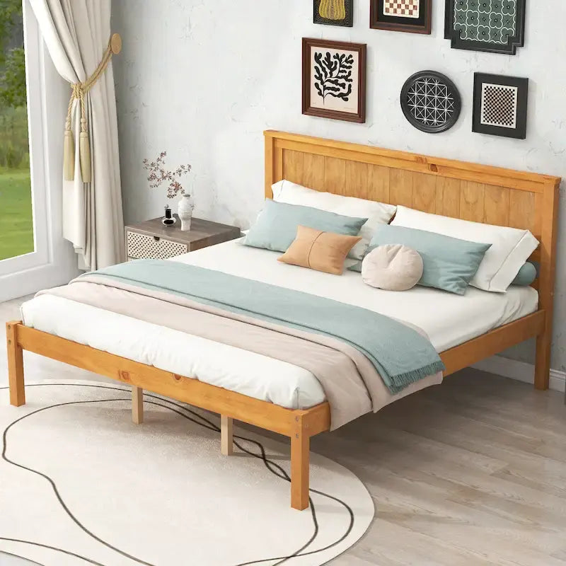 Letto a piattaforma matrimoniale queen size in legno di pino color espresso con testiera e supporto a doghe in legno per camera da letto