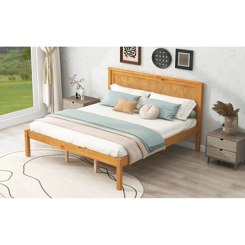 Letto a piattaforma matrimoniale queen size in legno di pino color espresso con testiera e supporto a doghe in legno per camera da letto