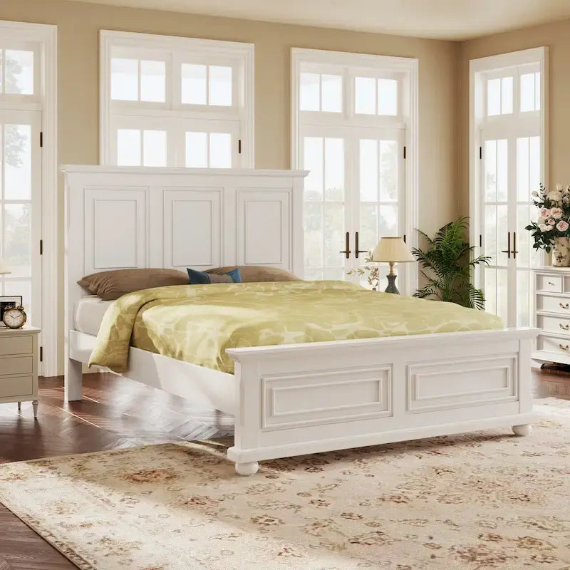 Lit plateforme double king size traditionnel blanc en pin avec sommier à lattes en bois pour chambre à coucher