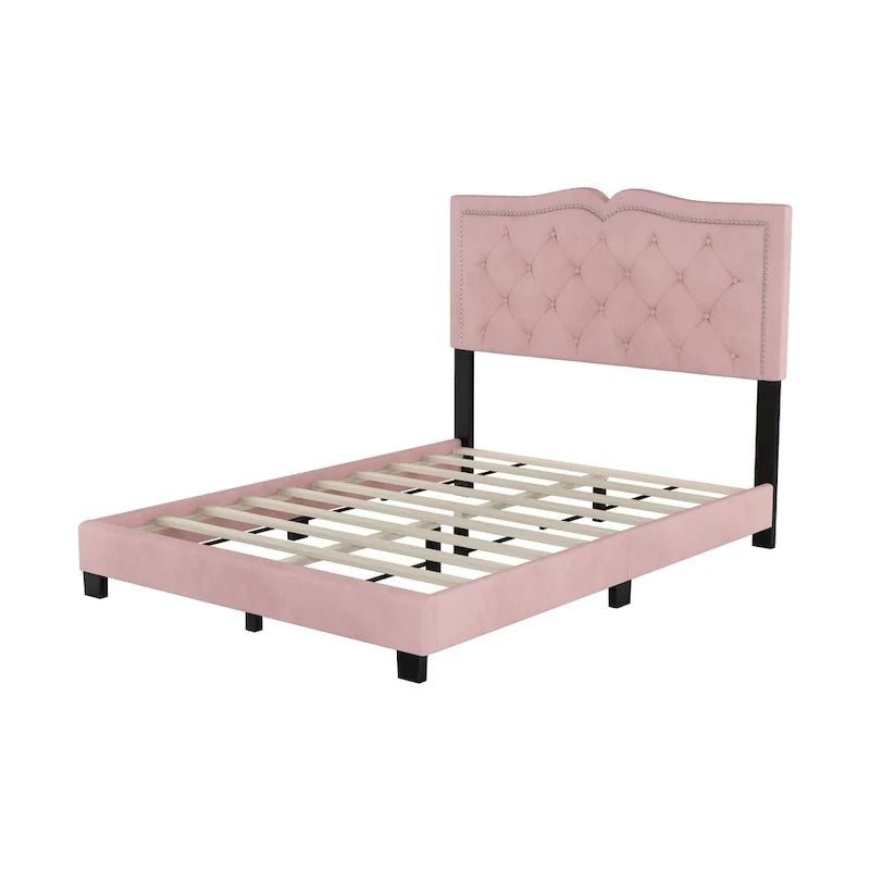 Lit plateforme moderne pleine grandeur rose en velours rembourré avec tête de lit capitonnée en velours moelleux pour chambre à coucher