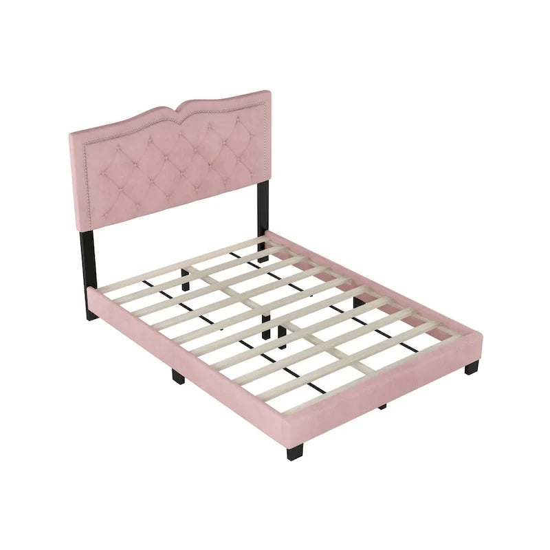 Lit plateforme moderne pleine grandeur rose en velours rembourré avec tête de lit capitonnée en velours moelleux pour chambre à coucher