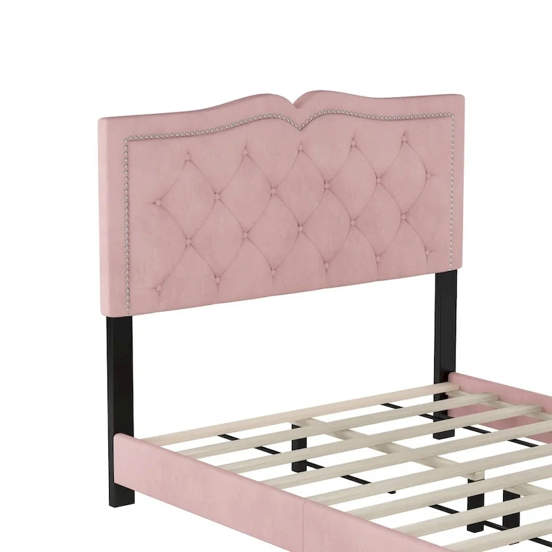 Lit plateforme moderne pleine grandeur rose en velours rembourré avec tête de lit capitonnée en velours moelleux pour chambre à coucher