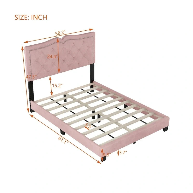 Lit plateforme moderne pleine grandeur rose en velours rembourré avec tête de lit capitonnée en velours moelleux pour chambre à coucher