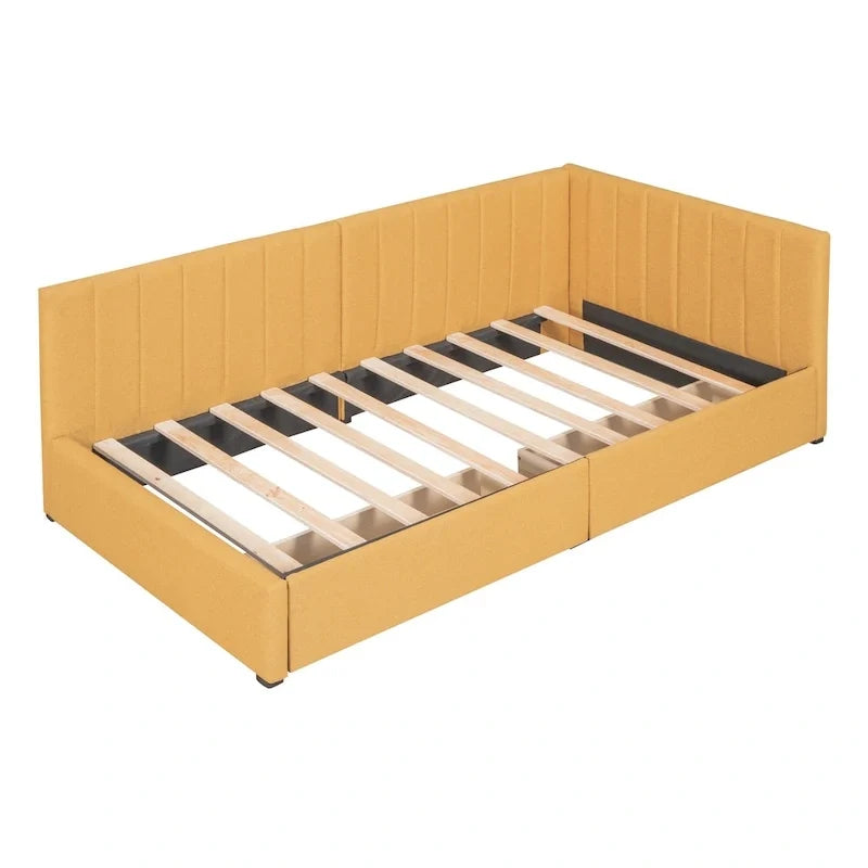 Lit de repos double tapissé en lin jaune avec tiroirs de rangement - Aucun sommier tapissier requis