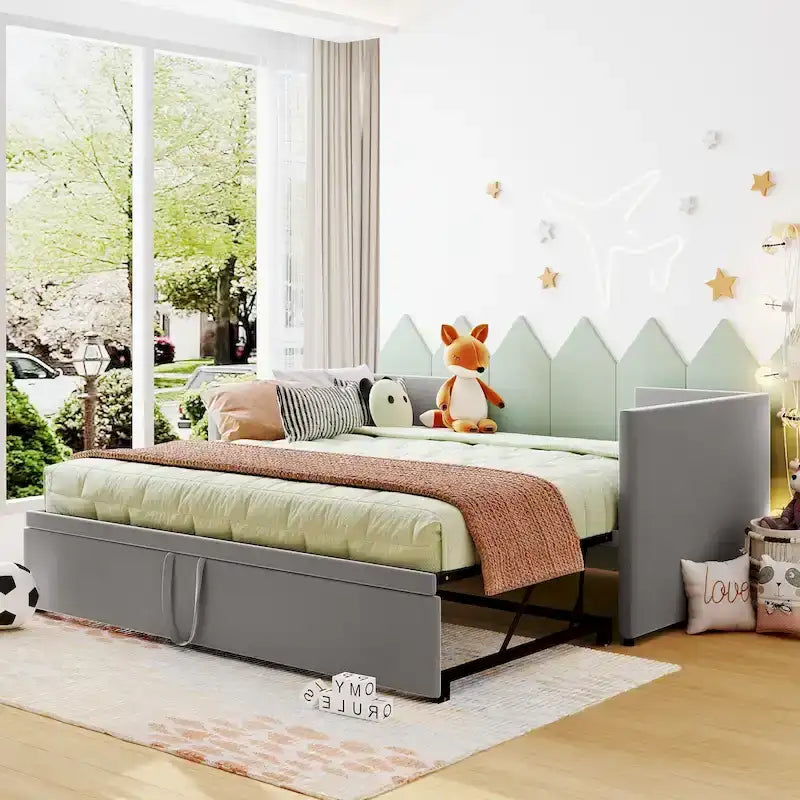 Divano letto singolo imbottito grigio con letto estraibile a scomparsa, design multifunzionale