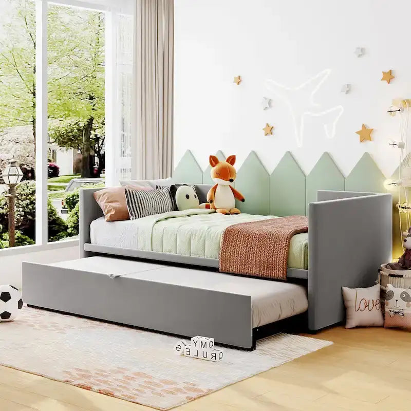 Divano letto singolo imbottito grigio con letto estraibile a scomparsa, design multifunzionale