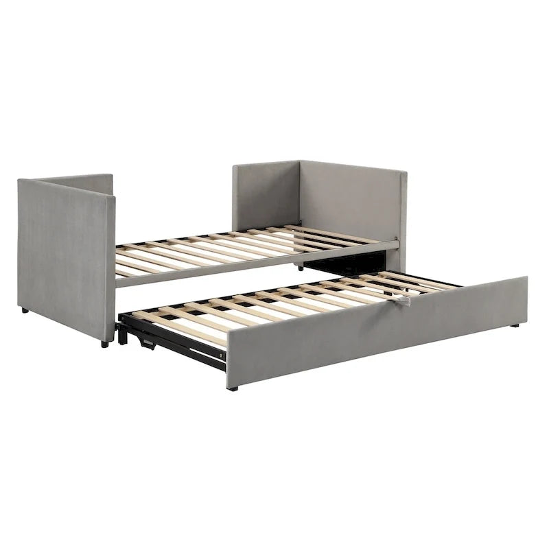 Divano letto singolo imbottito grigio con letto estraibile a scomparsa, design multifunzionale