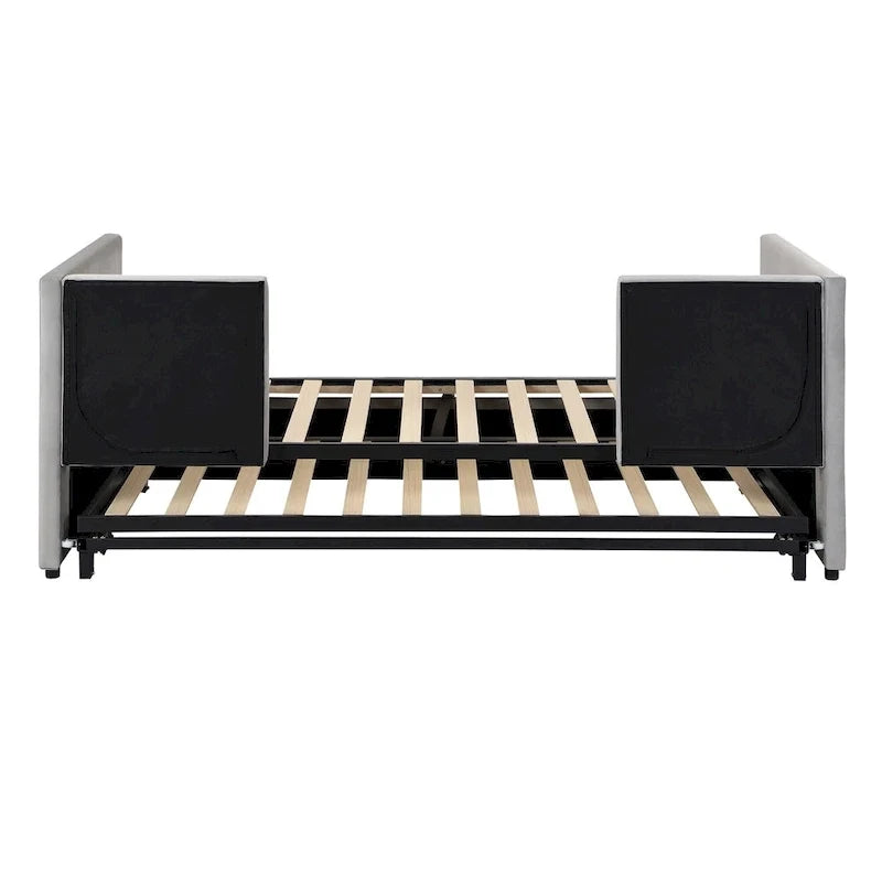 Divano letto singolo imbottito grigio con letto estraibile a scomparsa, design multifunzionale