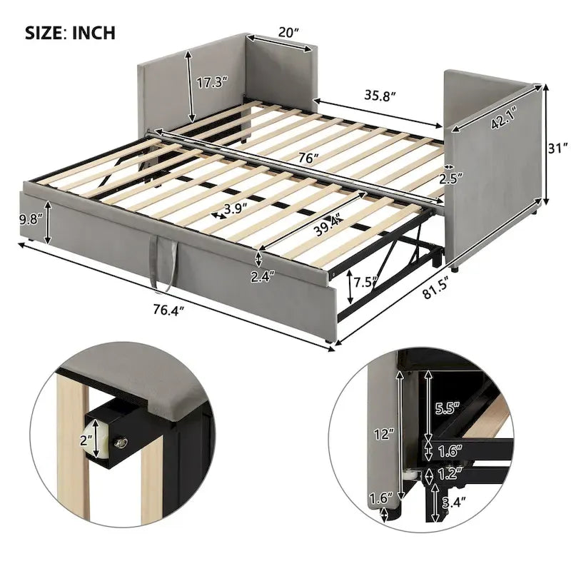 Divano letto singolo imbottito grigio con letto estraibile a scomparsa, design multifunzionale