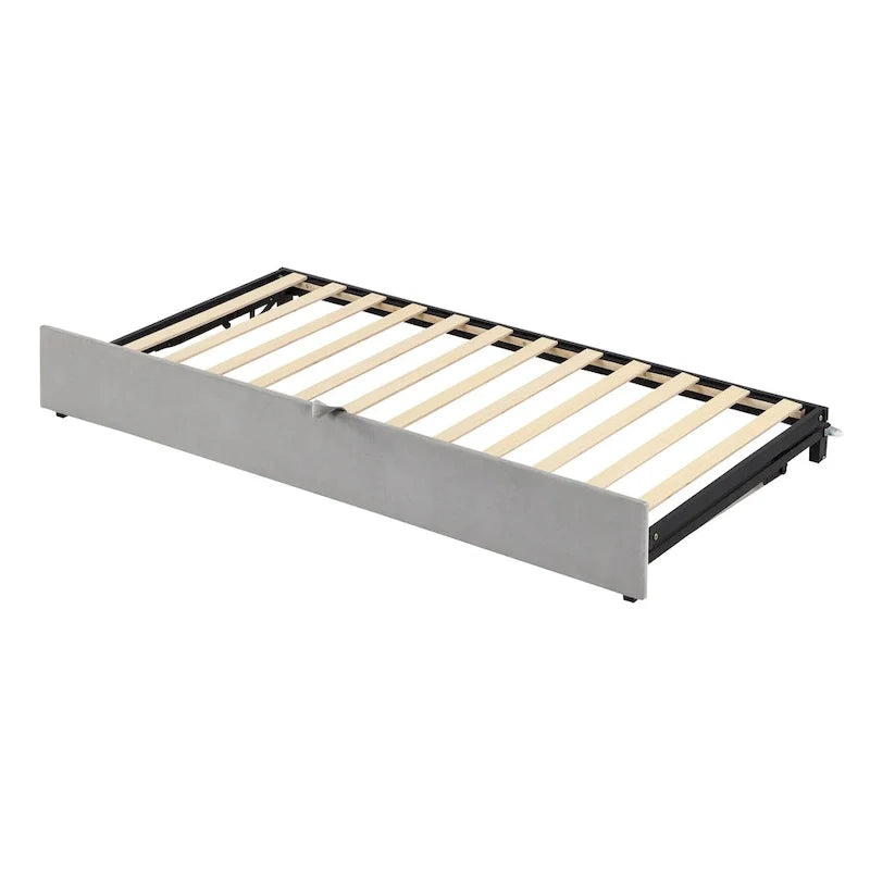 Divano letto singolo imbottito grigio con letto estraibile a scomparsa, design multifunzionale