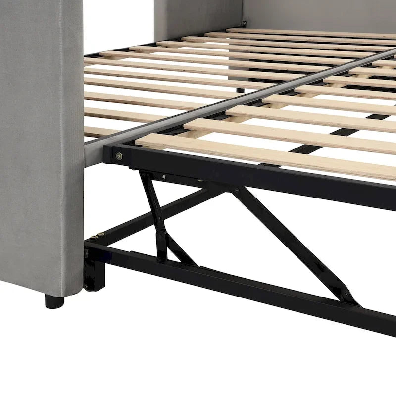 Divano letto singolo imbottito grigio con letto estraibile a scomparsa, design multifunzionale