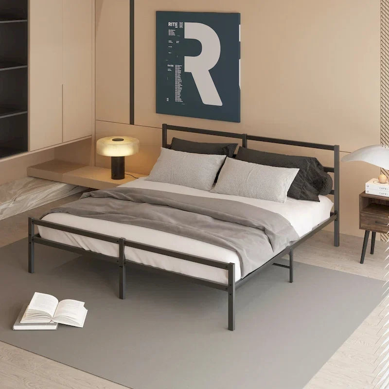 Cadre de lit plateforme King en métal noir avec tête de lit - Conception pliable améliorée