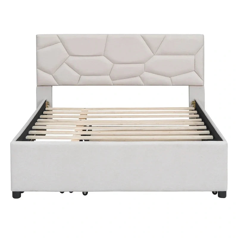 Lit plateforme beige double en lin avec tête de lit motif brique, lit gigogne et tiroirs de rangement