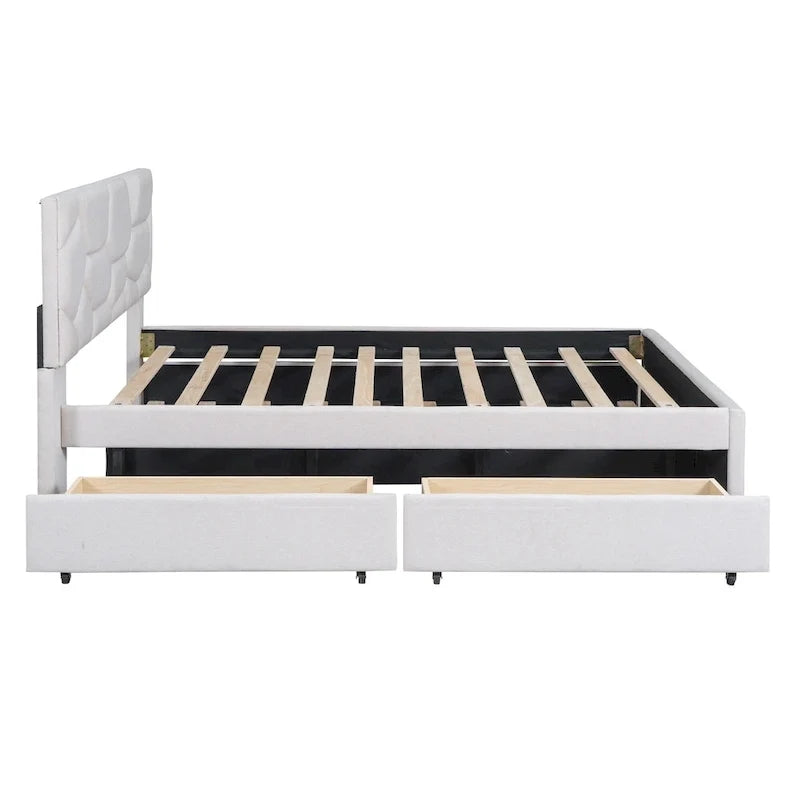Lit plateforme beige double en lin avec tête de lit motif brique, lit gigogne et tiroirs de rangement