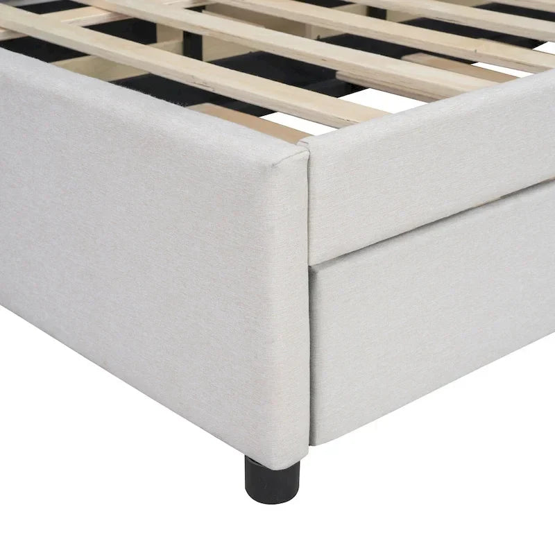 Lit plateforme beige double en lin avec tête de lit motif brique, lit gigogne et tiroirs de rangement