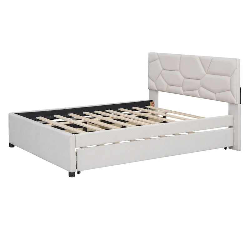 Lit plateforme beige double en lin avec tête de lit motif brique, lit gigogne et tiroirs de rangement